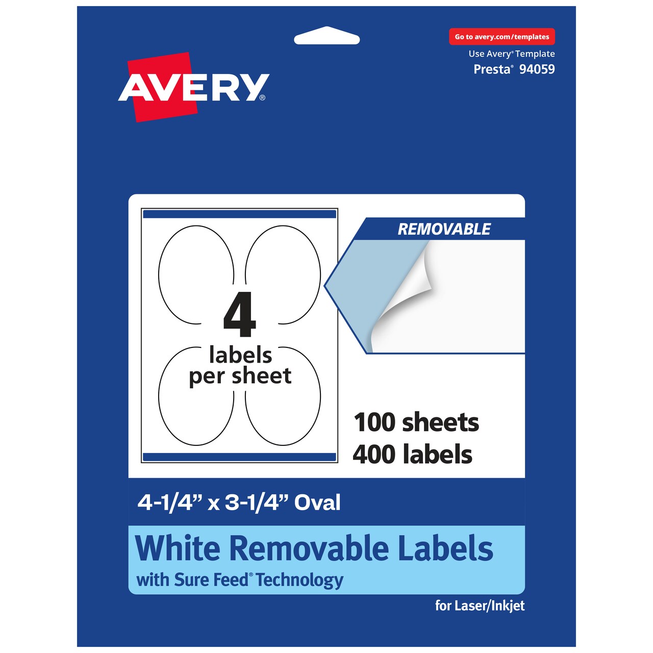 Avery Matte White Removable Oval Labels with Sure Feed Technology, Print-to-the-Edge, 4.25" x 3.25"